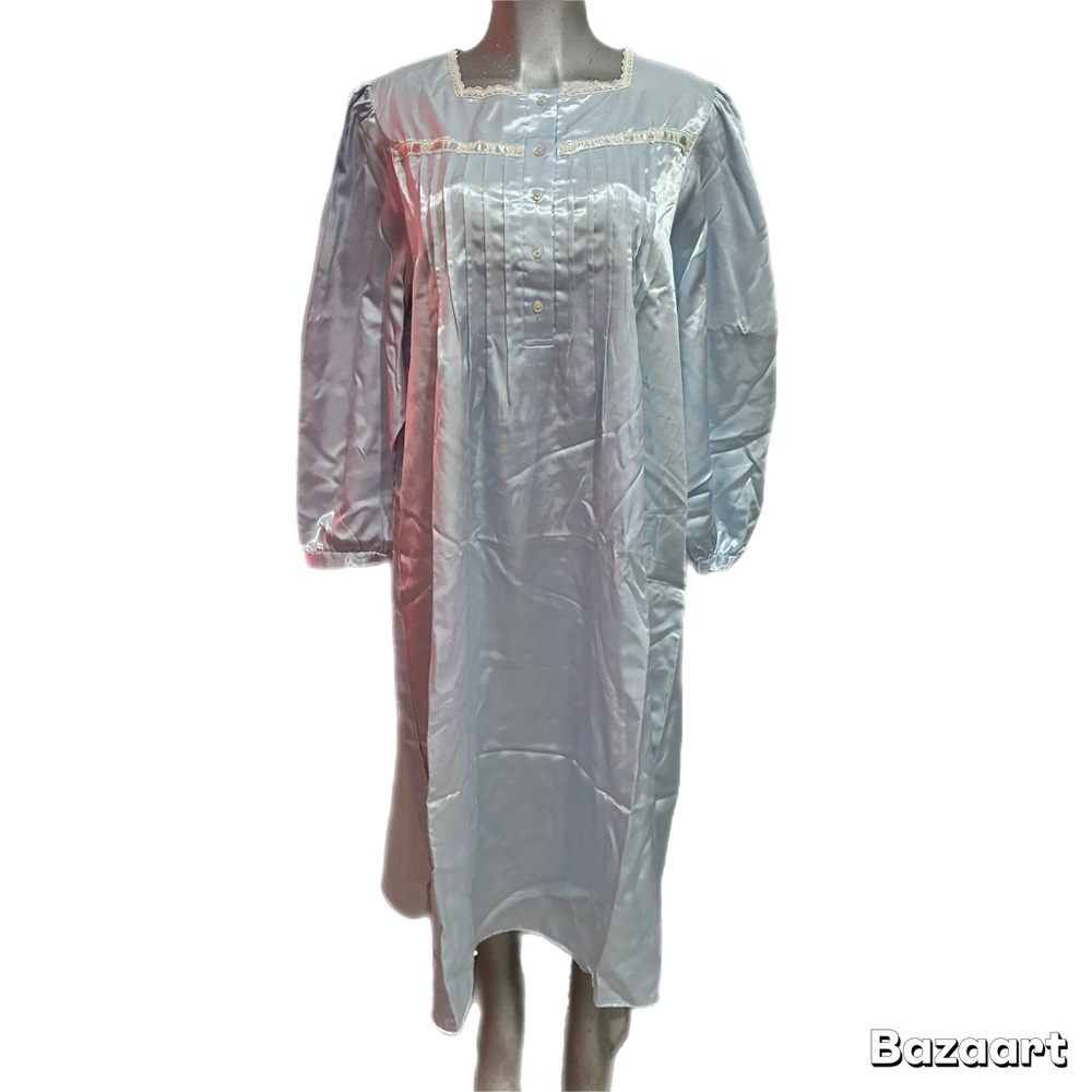 Delicates Vintage Satin Long Nightgown Nighty Cottagecore Large Blue Victorian